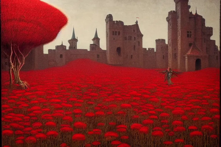 Image similar to only with red, red flowers of different types, a red tiger, a castle in the background, medieval demons dance over the flowers, an ancient path, in the style of beksinski, part by hopper, part by rodcenko, part by hofbauer, intricate composition, red by caravaggio, insanely quality, highly detailed, masterpiece, red light, artstation