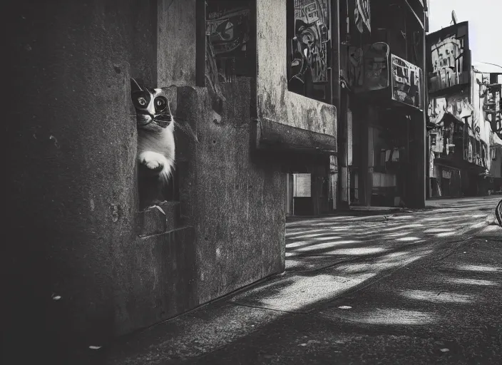 Image similar to photography of a Cat sitting on a box. in a cyberpunk street, award winning photo, 100mm, sharp, high res