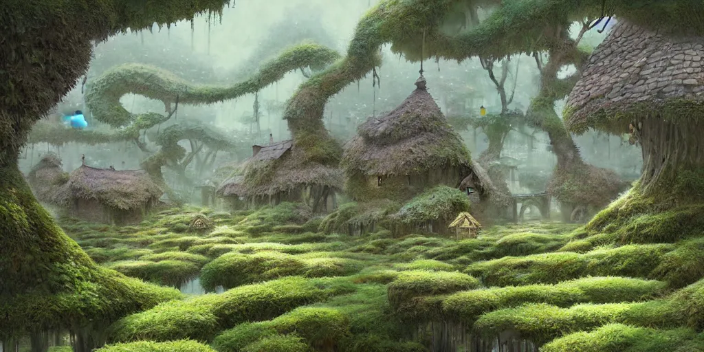 Image similar to a mossy village, dreamy, liminal space illustrated by miyazaki, hiroyuki kato, keisuke goto, highly detailed, concept art, illustration art