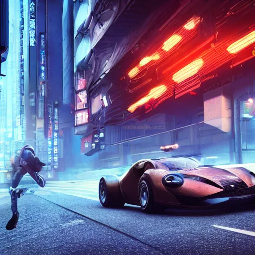 Prompt: A cinematic shot of a Richard Hammond from Top Gear running faster than a futuristic super jet through a futuristic Tokyo street, cinematic. 3d with depth of field, blurred background. female. nautilus. A highly detailed epic cinematic concept art CG render. made in Blender and Photoshop, octane render, excellent composition, cinematic dystopian brutalist atmosphere. dynamic lighting. dramatic lighting. cinematic lighting. aesthetic. stylized. very inspirational. detailed. hq. realistic. warm light. vibrant color scheme. highly detailed. muted colors. Moody. Filmic.