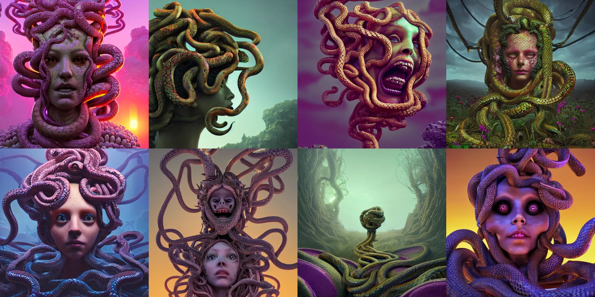 Image similar to creepy medusa gorgon gaze head, highly detailed snakes, beautiful flowers, beautiful dark creepy landscape, in the style of beeple and mike winkelmann, intricate, epic lighting, cinematic composition, hyper realistic, 8 k resolution, unreal engine 5, raytracing, ultraviolet colors,