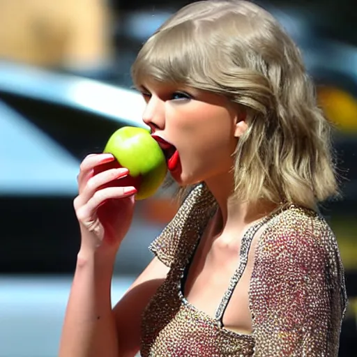 Image similar to taylor swift eating an apple, detailed, clean, realistic