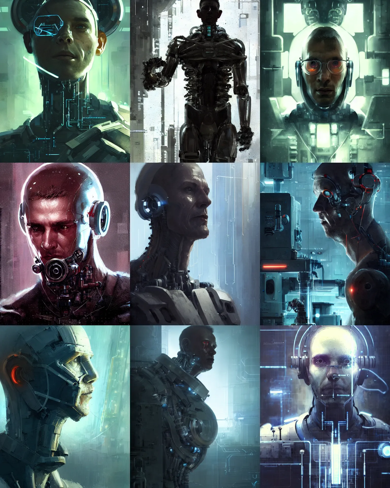 Prompt: a laboratory engineer man with cybernetic enhancements seen from a distance, scifi character portrait by greg rutkowski, craig mullins, 1 / 4 headshot, cinematic lighting, dystopian scifi outfit, profile picture, mechanical, cyborg, half robot