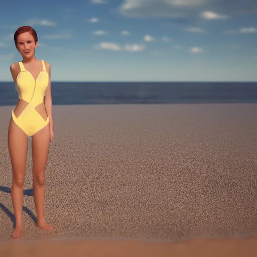 Prompt: 3D Low poly girl in swimsuit on beach. Octane Render, 8k.