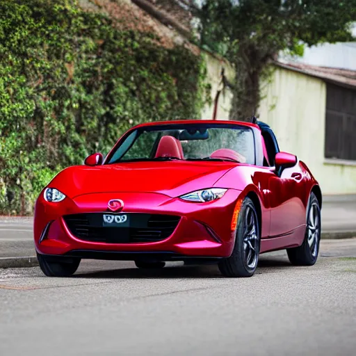 Image similar to 105mm photo of car full view mid distance photograph red Mazda Miata parked on street from 2020