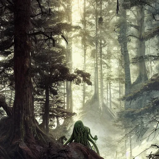 Image similar to cthulhu towering over the forest, 8 k octane beautifully detailed render, post - processing, extremely hyper - detailed, intricate, epic composition, cinematic lighting, masterpiece, trending on artstation, masterpiece, stunning art by anders zorn, wonderful masterpiece by greg rutkowski, beautiful cinematic