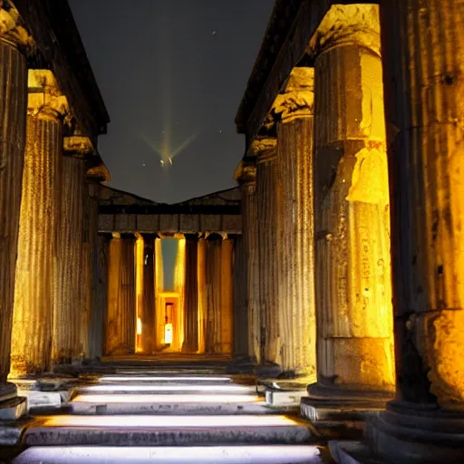 Image similar to long shot of mecha in Greek Temple, bioluminescence