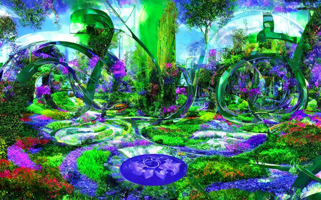 Prompt: techno - spiritual utopian futurist garden, perfect future, award winning digital art