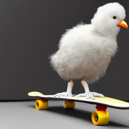 Prompt: fluffy chick riding skateboard, photorealistic