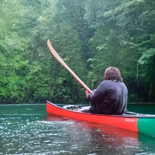 Prompt: a sasquatch in a canoe going over a waterfall