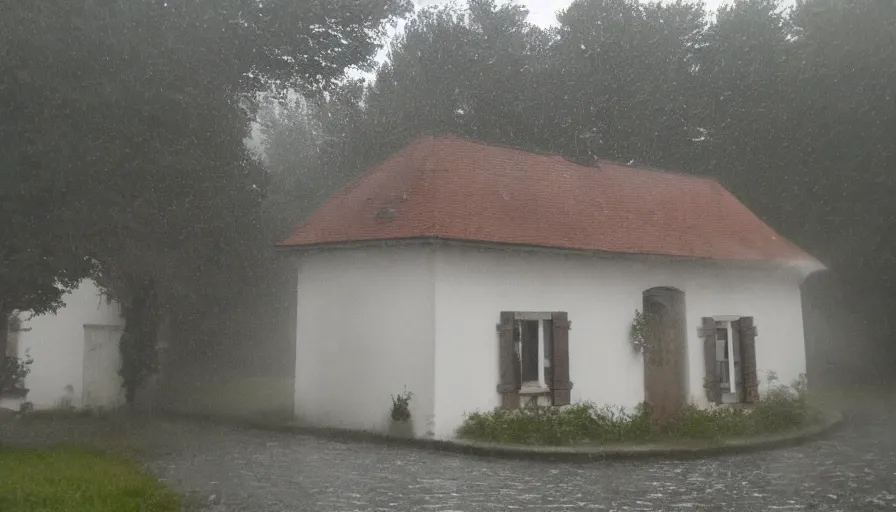 Image similar to mini dv camera footage of a heavy burning french style little house, heavy rain, foggy, in a small northern french village, heavy grain, very low quality, high detail, dramatic light