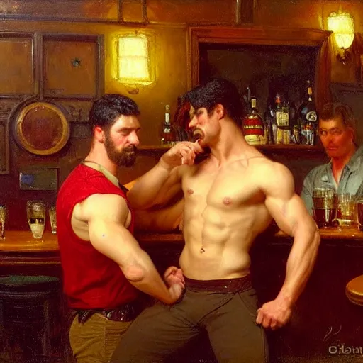 Image similar to attractive muscular male with dark red hair with muscular attractive male with black hair, drinking their hearts out, in a pub. very defined and highly detailed painting by gaston bussiere, j. c. leyendecker, craig mullins 8 k