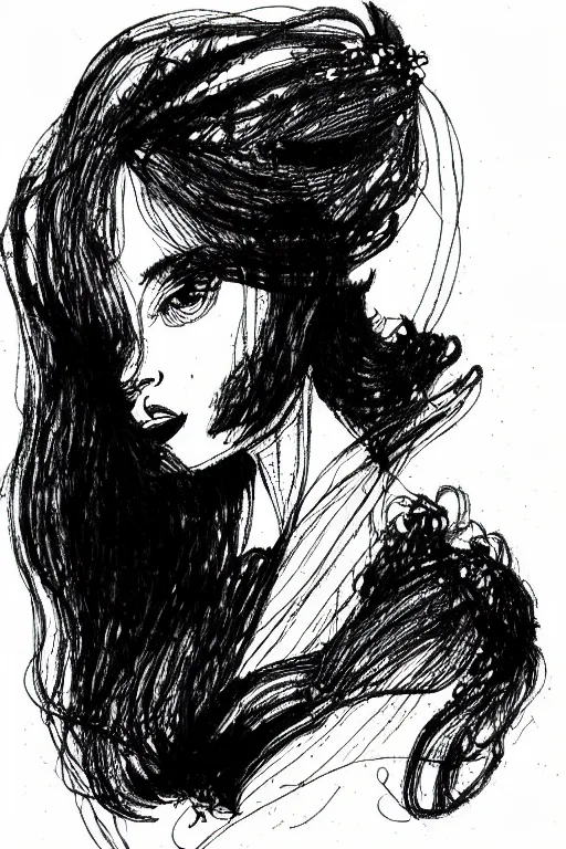 Image similar to ink lineart drawing of a beautiful woman, doll face, big lips, white background, etchings by goya, chinese brush pen, illustration, high contrast, deep black tones contour