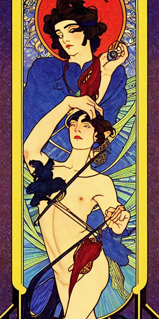 Image similar to the fool, ryder tarot card with an art deco boarder, high quality, digital painting, by studio ghibli and tammara de lempika and alphonse mucha, artgerm