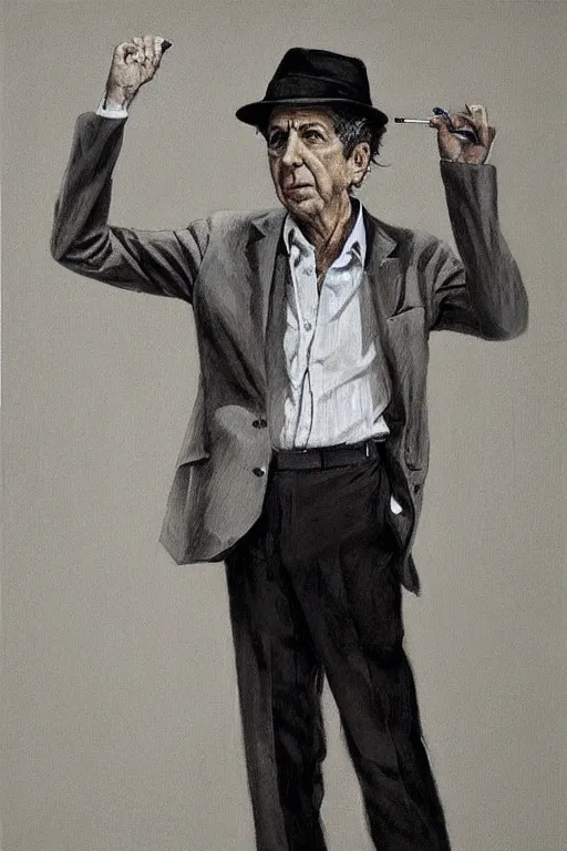 Image similar to “portrait of Leonard Cohen, impeccably dressed, wearing trilby hat, by mort kunstler”