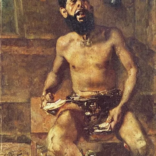 Image similar to Ferdinand Magellan eating cement, oil on canvas, by Juan Luna