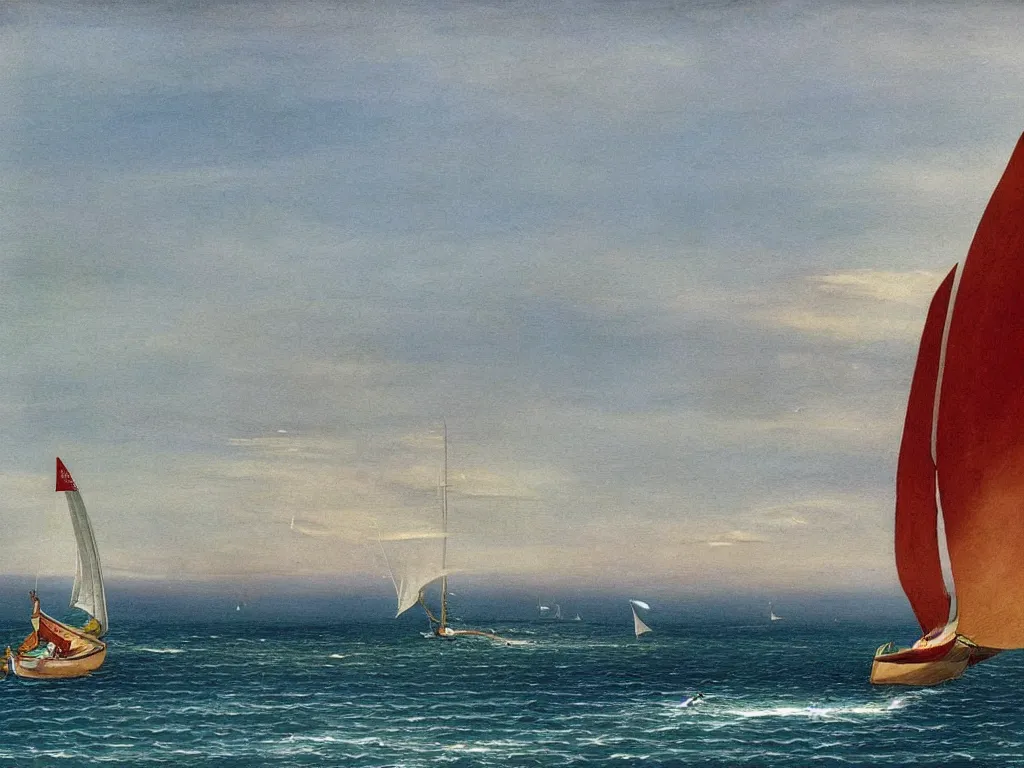 Prompt: A surprise sailing boat on the sea with the Esterel in background. Painting by Caspar David Friedrich, Roger Dean, Walton Ford