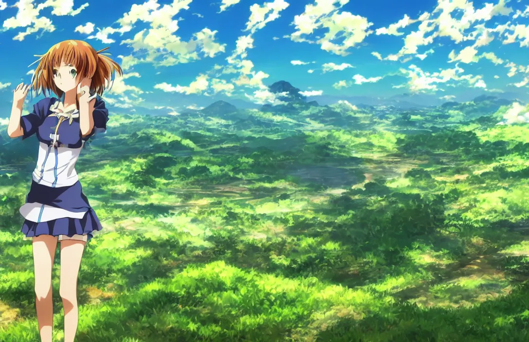 Prompt: an Anime Background Photo of a Valley with green plains and blue sky, with an anime girl standing in the foreground