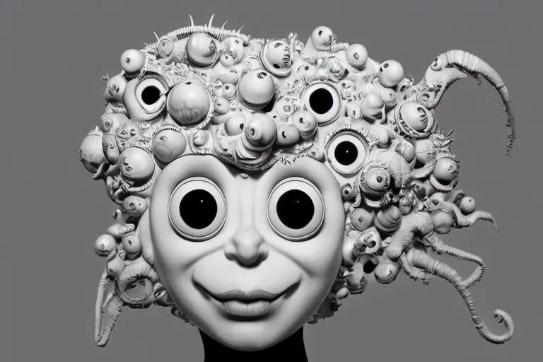 Image similar to 3 d full head and shoulders beautiful white porcelain woman with big eyeballs all through her hair, ornate detailed hair, 3 d swirling hair by theodor seuss geisel and daniel arsham and xiang duan, simon stalenhag john waters, dr seuss kim jung gi, on a white background