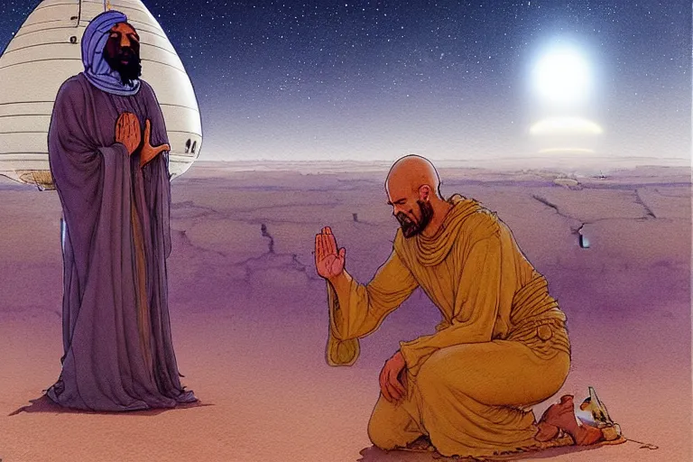 Image similar to a hyperrealist watercolour character concept art portrait of a middle eastern merchant kneeling down in prayer in front of an elegant alien with 1 2 eyes on a misty night in the desert. a ufo is in the background. by rebecca guay, michael kaluta, charles vess and jean moebius giraud