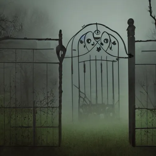 Image similar to a zombie at the gate of a decrepit house, night, misty, scary, spooky