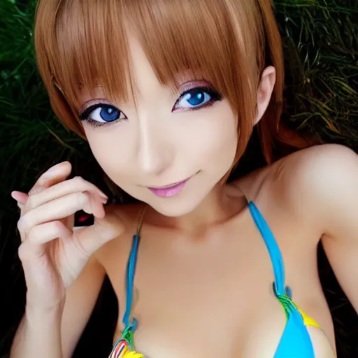 Prompt: beautiful anime woman in a tiny bikini blows a kiss