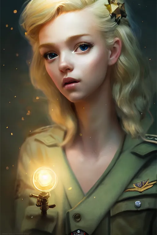 Image similar to cinematic shot of an epic portrait of a cute blonde fairy dressed in military clothes, stylised military clothes, shiny skin, beautiful eyes, beautiful, small details, night setting, realistic poster with volumetric light from craig mallism, artgerm, jeremy lipkin and michael garmash, unreal engine, radiant light, digital art, trends at art station, a masterpiece