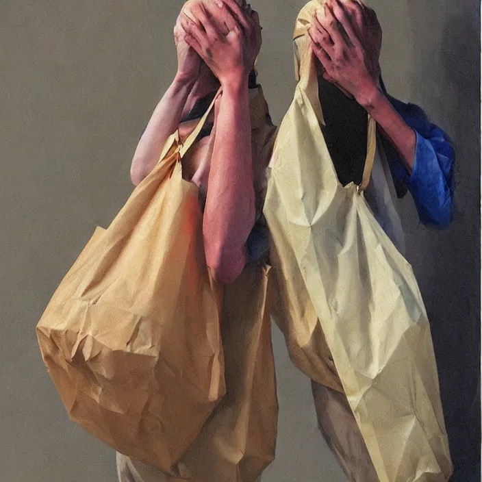 Image similar to two women hugging with a paper bag over the head dressed in plastic bags, highly detailed, artstation, art by, , edward hopper, Zdzislaw Beksinski, highly detailed