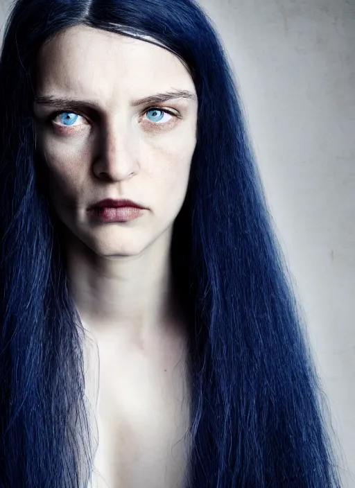 Image similar to portrait photograph of the most beautiful woman with a long dark blue hair, blue eyes, stern expression, david mccurry, lorenzo agius, alessio albi