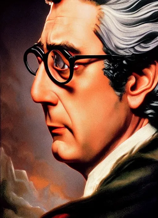 Prompt: side profile centered painted portrait, of harold ramis as egon spangler, lord of the rings, tolkien, matte painting concept art, baroque, beautifully backlit, swirly vibrant color lines, fantastically gaudy, aesthetic octane render, 8 k hd resolution, by caravaggio and diego velazquez