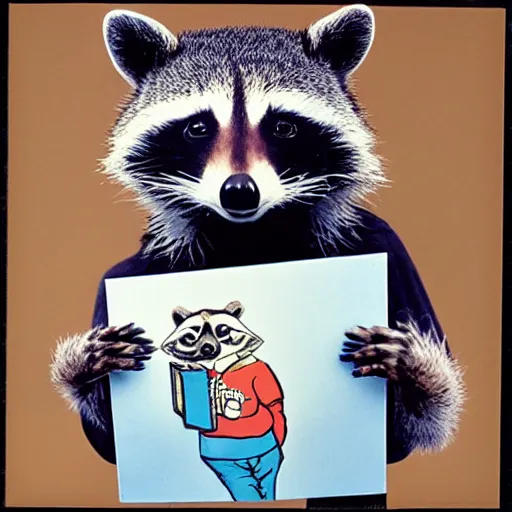 Image similar to close - up, photo of a anthropomorphic raccoon wearing a hoodie, holding a vinyl record, 8 0 - s fashion, colored, polaroid photo, by warhol,