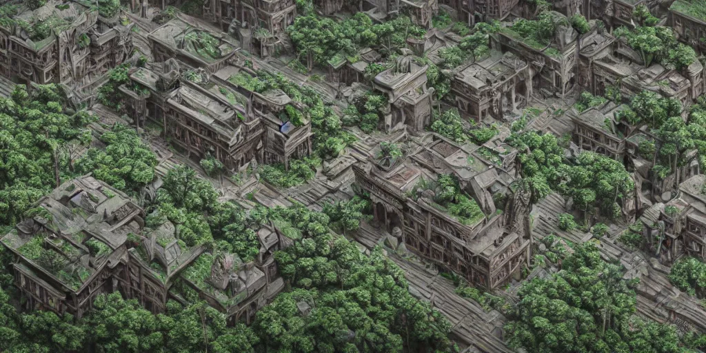 Image similar to a beautiful realistic detailed city carved in a wood, surrounded by mold and moss, photorealistic, octane render, volumetric lighting,