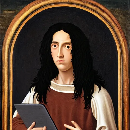 Prompt: portrait of a long shaggy black haired teenager with a black colored sweater with a laptop, full body, renaissance painting, ultra detailed, high resolution, masterpiece