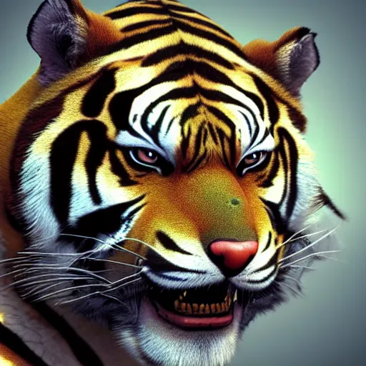 Image similar to portrait of an antropomorphic bengal tiger berserker, wild look, mattepainting concept blizzard pixar maya engine on stylized background splash comics global illumination lighting artstation, sharp focus, norman rockwell