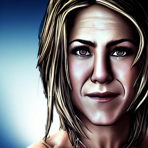 Image similar to jennifer aniston portrait, borderlands, tales from the borderlands, the wolf among us, comic, cinematic lighting, studio quality, 8 k