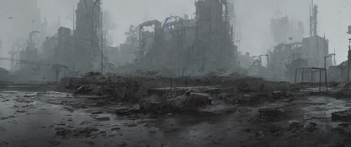 Image similar to heavy mechanical weapon by Ian McQue, concrete brutalism buildings by le corbusier on the background, dark, foggy, puddles of water, woods, high quality, volumetric lighting, cryengine