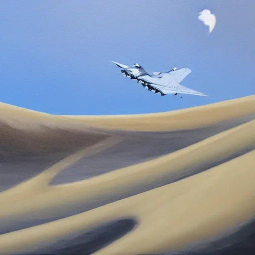 Prompt: detailed painting of a sand dune, a fighter jet flies above it