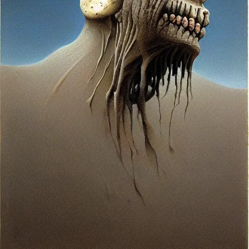 Image similar to desert orc by Zdzisław Beksiński, oil on canvas