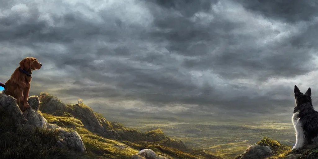 Image similar to breathtaking detailed concept art painting of a dog on the top of a hill, with a beutiful view of a tiny city below the hill, in the style of a childrens book, extremely moody lighting, 8 k