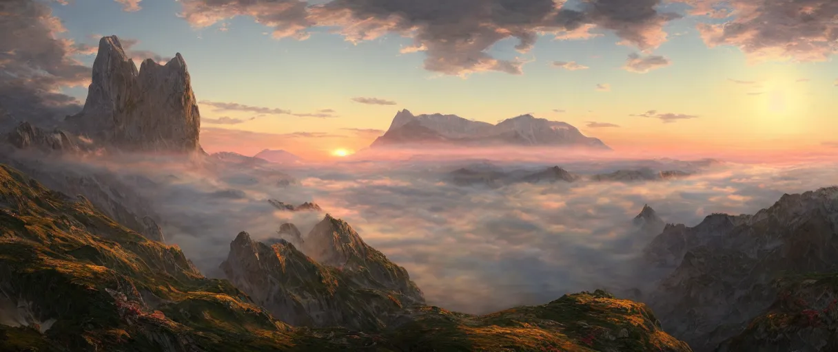 Image similar to dreaming of an incredibly beautiful aerial view of the alps mountains at sunset, photorealistic breathtaking, cliffs, fog, trending on artstation, wlop, cgsociety by frederic church, albert bierstadt, trending on artstation