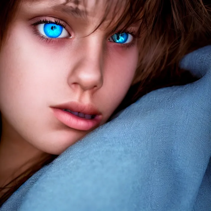 Image similar to dramatic photographic Close-up face of a extremely beautiful girl with light blue eyes and light brown hair ,four fingers maximum, high light on the left, non-illuminated backdrop, illuminated by a dramatic light, Low key lighting, light dark, High constrast, dramatic, rim light, Greg Rutkowski, Alphonse Mucha, Steve Mccurry, Lee Jeffries , Norman Rockwell, Craig Mulins ,dark background, high quality, photo-realistic, 8K,