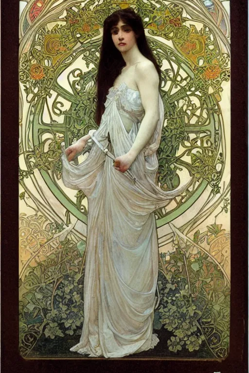 Image similar to full body of a beautiful woman wearing shining armor, fantasy, intricate, elegant, D&D, painted by alphonse mucha and edgar maxence