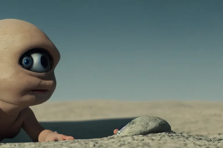 Image similar to vfx movie scene closeup adorable curios tiny little baby alien creature in moon desert eating a rock. by emmanuel lubezki