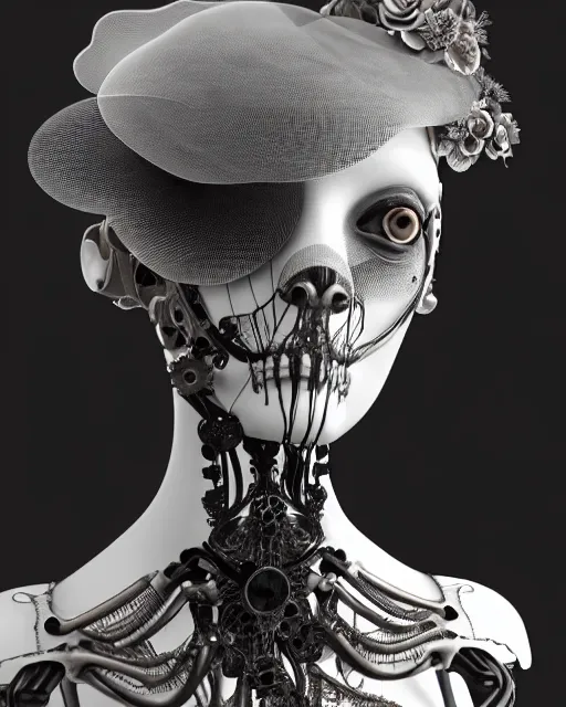 Image similar to black and white dreamy foggy smoky profile face portrait, one silver steampunk eye biomechanical beautiful young female cyclope - cyborg - robot bust, body ribs meshes,, volumetric light, hibiscus flowers, by hg giger, rim light, by dora maar and cecile beaton, big gothic fashion pearl embroidered collar, 8 k
