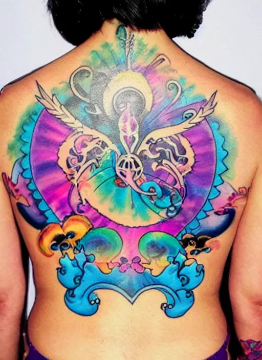 Prompt: a back tattoo inspired by lisa frank