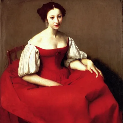 Prompt: sublime portrait of a woman in a red satin dress, very pale, graceful, Vermeer, Bouguereau, Van Dyck, Ingres, Rubens, Carolus-Duran, strong dramatic cinematic lighting, 17th-century, extremely detailed