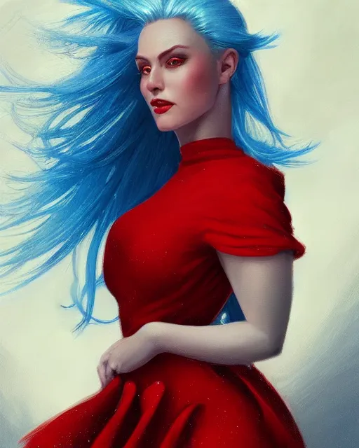Prompt: the prettiest woman with silver blue hair, in a red and white dress portrait, dynamic lighting, fantasy concept art, trending on art station, stunning visuals, creative, cinematic, ultra detailed, tim hildebrandt
