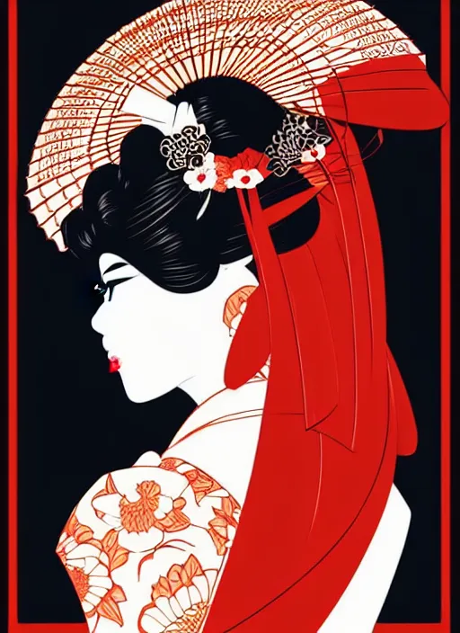 Image similar to silhouette of a geisha, vector art style, medium shot, intricate, elegant, highly detailed, digital art, ffffound, art by jc leyendecker and sachin teng