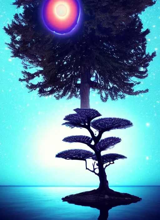 Prompt: a tree from which planets or galaxies hang instead of fruits, the tree is on top of a calm sea, in the background there is an eye whose iris coincides with the tree. fantasy art, horror, nightmare, photo realistic, dynamic lighting, artstation, poster, volumetric lighting, very detailed faces, 4 k, award winning