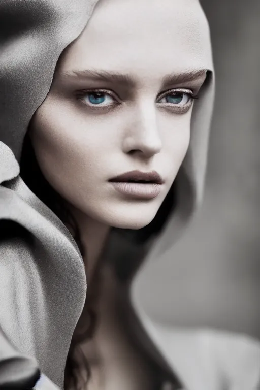 Prompt: A still frame of a girl wearing grey cape featured in Vogue and GQ editorial fashion photography, beautiful eye, symmetry face, haute couture dressed by Givenchy and Salvatore Ferragamo, Canon EF 85mm f/1.4L IS USM, in porcelain and metal and lush branch, Long shot, wide shot, full shot, tilted frame, 35°